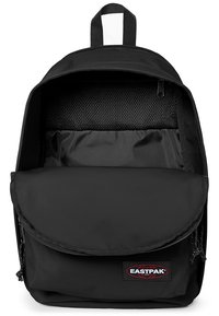 Black Eastpak backpack made of durable fabric, featuring a spacious main compartment, mesh pocket, and front flap with logo.