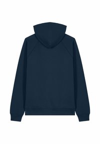 Haut à capuche marine avec capuche, manches longues et poignets côtelés. Équipé d'une poche Kangourou et d'un tissu doux et texturé. Design simple, sans motifs.