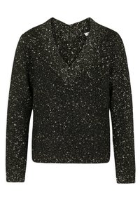 Black knitted sweater with a V-neck, featuring a textured pattern of silver specks throughout, and long sleeves with a straight fit.