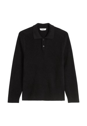 Zwarte lange mouwen polo trui van gebreide stof met een textuur, voorzien van een kraag, een drieknoopssluiting en een rechte zoom.