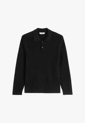 Schwarzer Langarm-Polo-Pullover aus strukturiertem Strickstoff, mit Kragen, drei Knöpfen und geradem Saum.