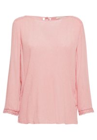 Hellrosa langärmlige Bluse mit U-Boot-Ausschnitt, strukturiertem Stoff und Spitzenbesatz an den Ärmeln. Bänder am Rücken des Halsausschnitts zum Binden.