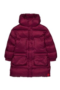 Burgundy padded coat with a high collar, two front pockets, and visible stitching detail. Smooth texture, slightly shiny finish.