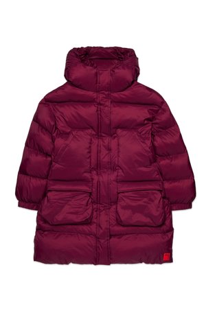 Burgundy padded coat with a high collar, two front pockets, and visible stitching detail. Smooth texture, slightly shiny finish.