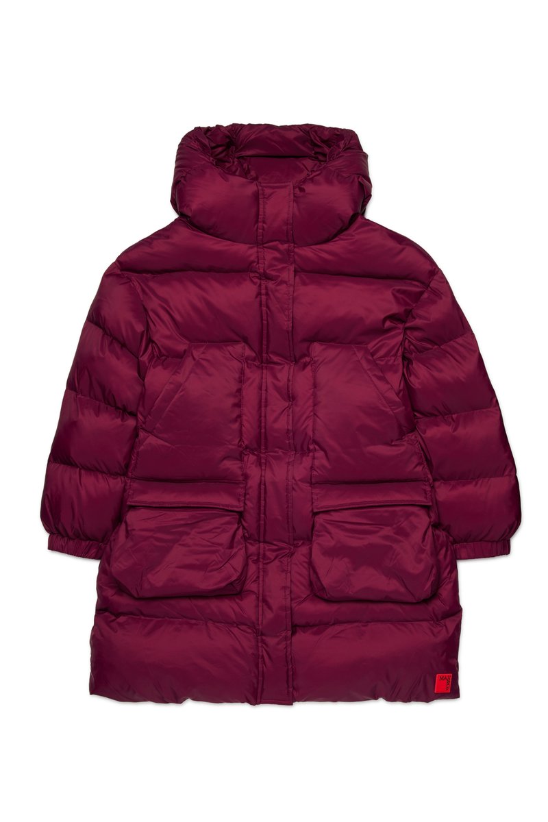 Burgundy padded coat with a high collar, two front pockets, and visible stitching detail. Smooth texture, slightly shiny finish.