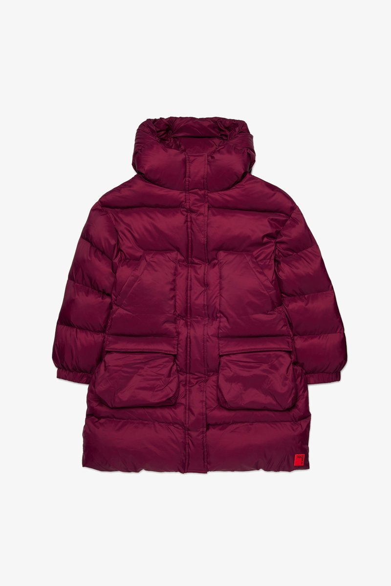 Burgundy padded coat with a high collar, two front pockets, and visible stitching detail. Smooth texture, slightly shiny finish.