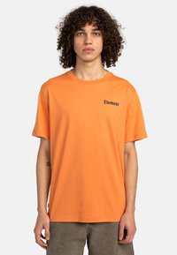 Oranžové bavlněné tričko s krátkým rukávem a kulatým výstřihem, s černým logem "Element" na hrudi. Jednoduchý design, volný střih.