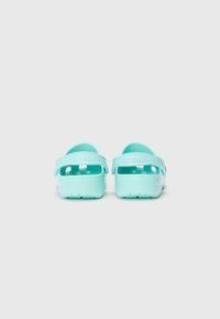 Turquoise rubber clogs with a back strap and ventilation holes. Textured sole for grip and a smooth upper surface. Logo on the strap.