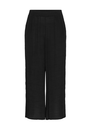 Pantalons larges noirs en tissu léger, dotés d'une taille élastique et d'une texture subtile avec des plis pour un détail supplémentaire.