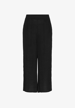 Black wide-leg pants made of lightweight fabric, featuring an elastic waistband and subtle texture with pleats for added detail.