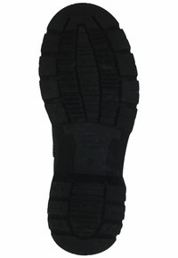Black rubber sole with deep tread pattern, featuring horizontal and vertical grooves for traction.Textured surface with rounded edges.