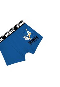 Boxer shorts blu con elastico nero, caratterizzati da una grafica del personaggio Sonic the Hedgehog, simbolo di pace e logo di lato. Materiale morbido.