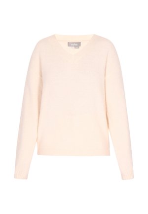 V-hals, langærmet sweater i lys cremefarve, blød tekstur, afslappet pasform, ribbede manchetter og kant, minimalistisk design uden mønstre.