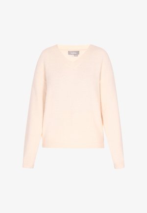 V-hals, langærmet sweater i lys cremefarve, blød tekstur, afslappet pasform, ribbede manchetter og kant, minimalistisk design uden mønstre.
