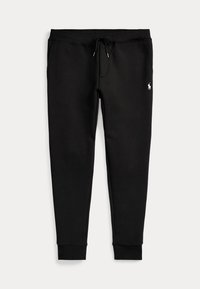 Schwarze Slim-Fit-Sweatpants mit elastischem Bund, Kordelzug, Seitentaschen, gesäumten Knöcheln und kleinem weiß gesticktem Logo am linken Oberschenkel.