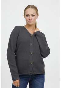 Gray textured cardigan with a V-neck, featuring five brown buttons down the front and a small accent logo on the lower left.