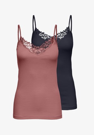 Due camicie: una in rosa polveroso con pizzo lungo il colletto e l'altra in blu scuro con una finitura liscia. Entrambe hanno spalline regolabili.