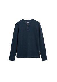 Marineblaue Langarm-Henley-Bluse aus Baumwolle mit Rundhalsausschnitt, drei-Knopf-Leiste und gerippten Bündchen. Schlichtes, einfarbiges Design.