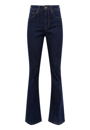 Dunkelblaue Bootcut-Jeans aus Denim mit hoher Taille, fünf Taschen und Kontrastnähten entlang der Nähte.