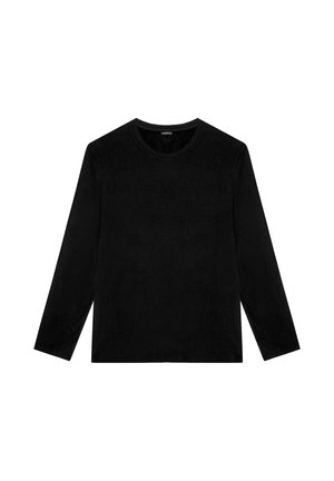 Zwarte langharige shirt van zachte stof met ronde halslijn. Rechte snit en zonder patronen of versieringen. Eenvoudig ontwerp, veelzijdig.