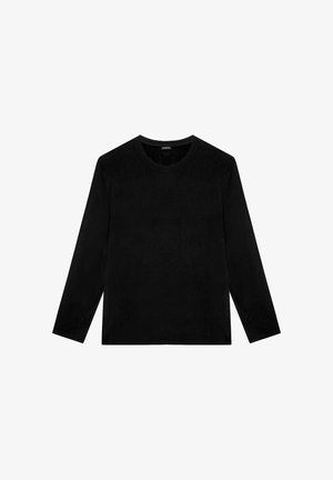 Zwarte langharige shirt van zachte stof met ronde halslijn. Rechte snit en zonder patronen of versieringen. Eenvoudig ontwerp, veelzijdig.