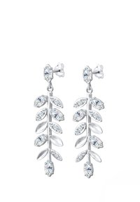 Silberne, blattförmige Ohrringe mit mehreren klaren Strassteinen, die ein geschichtetes Design aufweisen und einen Steckverschluss für einen sicheren Halt haben.