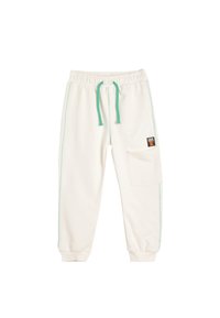 Crème-kleurige sweatpants met een elastische tailleband en een turkooise trekkoord, zijzakken en contrasterende turkooise stiksels.