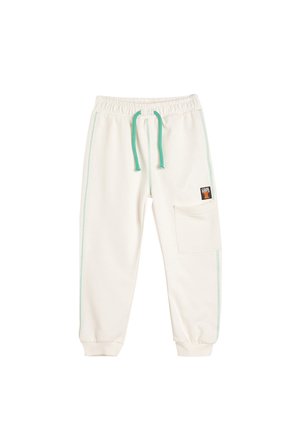 Crème-kleurige sweatpants met een elastische tailleband en een turkooise trekkoord, zijzakken en contrasterende turkooise stiksels.