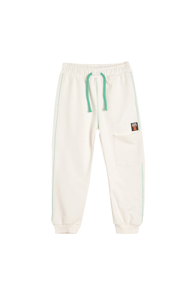 Crème-kleurige sweatpants met een elastische tailleband en een turkooise trekkoord, zijzakken en contrasterende turkooise stiksels.