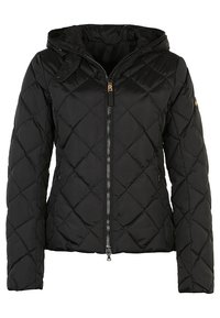 Veste matelassée noire avec capuche, dotée d'une fermeture éclair frontale et de poches latérales. Le matériau semble lisse avec une finition brillante.