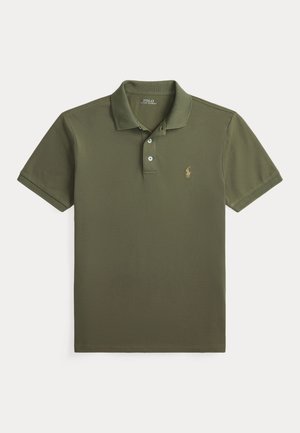 Olive green short-sleeve polo shirt with two buttons and small embroidered logo on left chest.
