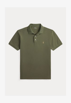 Olive green short-sleeve polo shirt with two buttons and small embroidered logo on left chest.