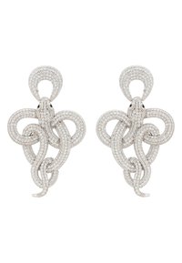 Silver earrings shaped like intertwined snakes, embellished with small clear stones, featuring a smooth, textured design and black accents.