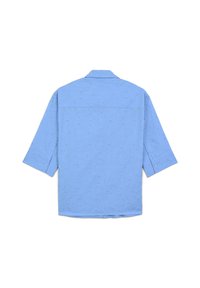 Camicia azzurro chiaro con maniche a tre quarti e delicata ricamo ad occhiello floreale, mostrata da dietro su uno sfondo bianco.