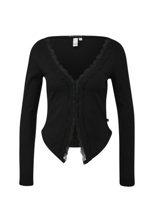 Zwart geribd vest met lange mouwen en geschulpte kanten bies langs de V-hals en de voorkant, klein maatlabel zichtbaar aan de binnenkant van de kraag.