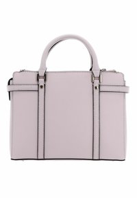 Borsa a tracolla in pelle lilla con doppi manici, forma rettangolare strutturata, chiusura a zip e cuciture decorative. Presenta un design minimalista.