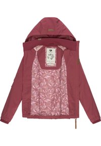 Giacca bordò resistente all'acqua con cappuccio, caratterizzata da uno strato esterno liscio e un interno a fantasia rosa con design di foglie.