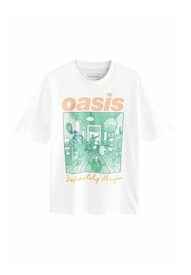 Valkoinen puuvillapaita, jossa on vihreä kuvattu maisema ja teksti "oasis" oranssina sekä "Definitely Maybe" keltaisella kursiivilla.
