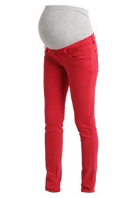 Jeans de maternidad con una cinturilla elástica gris y denim rojo brillante. Presenta un corte ajustado, cinco bolsillos y detalles desgastados cerca de los bolsillos.