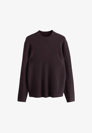 Dark purple knit sweater with a round neckline, featuring a textured diamond pattern and long sleeves, made from soft material.