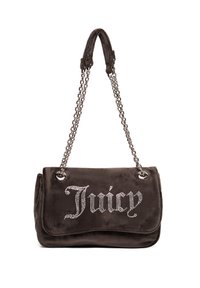 Braune Samttasche mit Kettenriemen und silberner Hardware. Mit "Juicy" aus Strass, rechteckiger Form und weicher Textur.