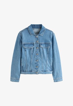 Giubbotto in denim blu chiaro con collo, chiusura frontale con bottoni, due tasche sul petto e maniche lunghe, caratterizzato da una vestibilità classica e dettagli cuciti.