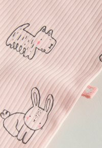 Roosa soonik Kangas, millel on kujutatud loomad: triibuline koer ja üks jänku detailidega, mõlemad musta ja pehmete pastelltoonidega.