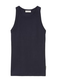 Mörkblå linne i mjuk bomull med rund halsringning, breda axelremmar och sydd nederkant. Etikett syns på sidofållen.