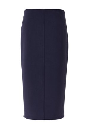 Jupe crayon bleu marine avec une texture lisse, présentant une coupe droite et sans embellissements. Design minimaliste avec une silhouette simple.