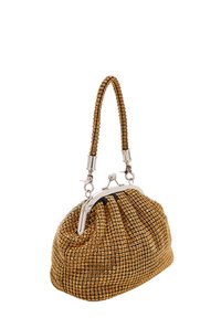 Arany színű hálós clutch táska fémből készült záróelemmel és texturált anyaggal. Jellemzője a kerek forma és a rövid, szőtt fogantyú.