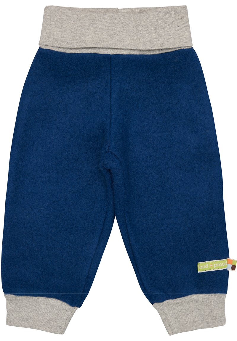 Marineblaue Fleece-Hosen mit einem hellgrauen elastischen Bund und Bündchen, sowie einem kleinen grünen Etikett an der Seite. Weicher Stoff und lockere Passform.