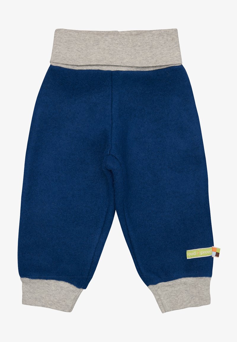 Marineblaue Fleece-Hosen mit einem hellgrauen elastischen Bund und Bündchen, sowie einem kleinen grünen Etikett an der Seite. Weicher Stoff und lockere Passform.