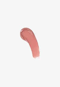 Nude rosa leppeglansprøve med en blank finish, glatt tekstur og avlang form, satt mot en hvit bakgrunn.