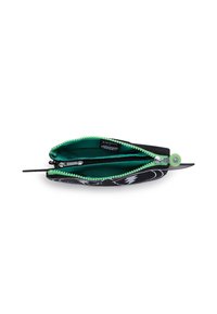 Black zippered wallet with green zipper and interior. Features lightning bolt patterns on exterior, compact oval shape, and a flat design.